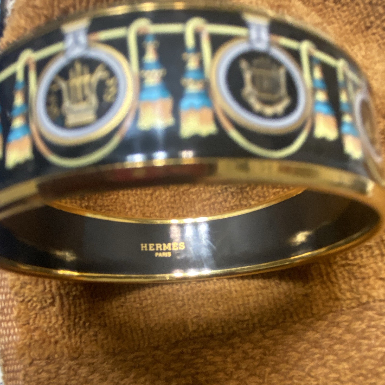 HERMÈS Paris Signed Enamel Bangle Bracelet Black Blue Gold Tone Multicolor