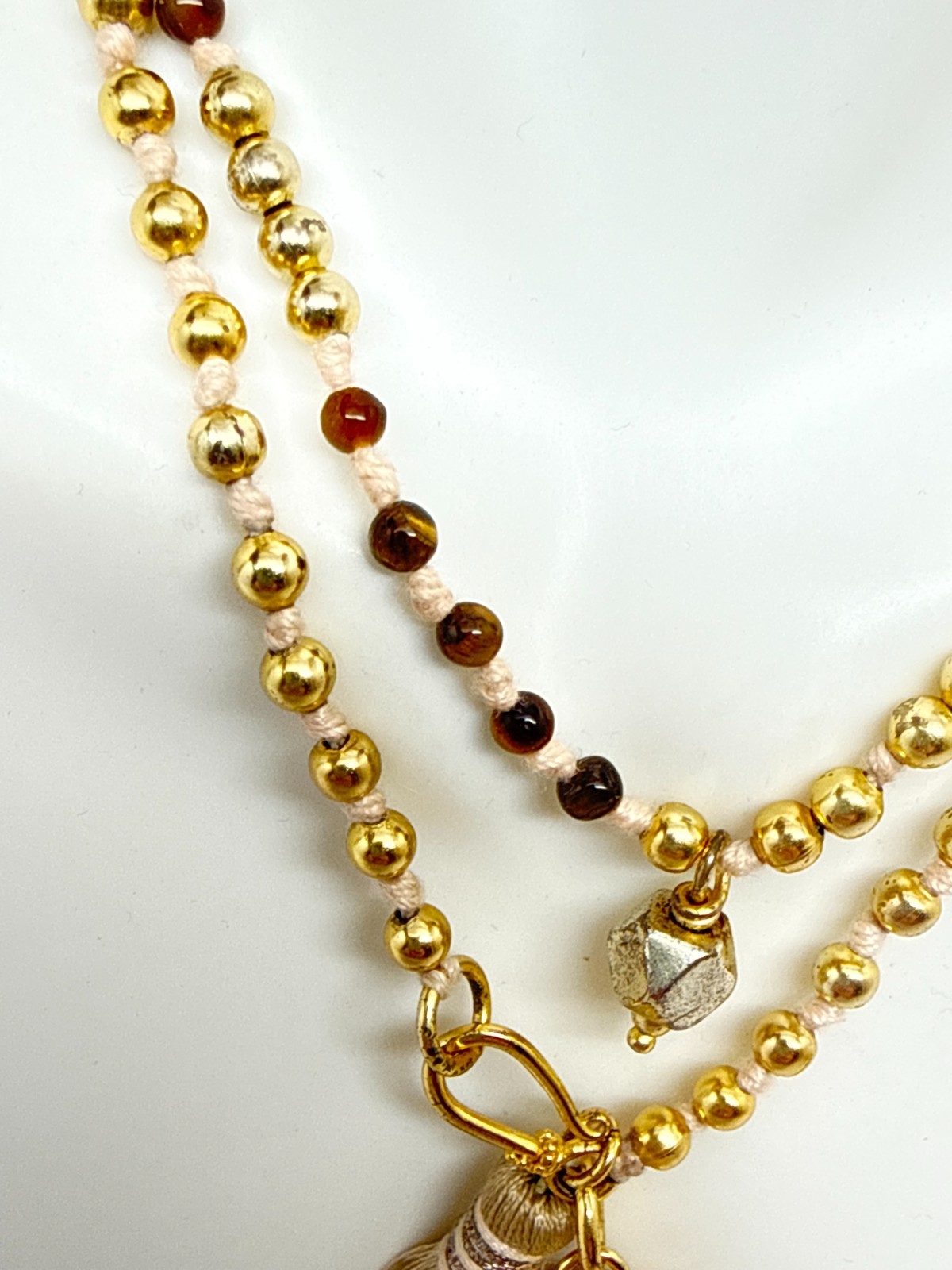 Banana Republic Beaded Necklace silk Tassel brown lucite Tooth pendant