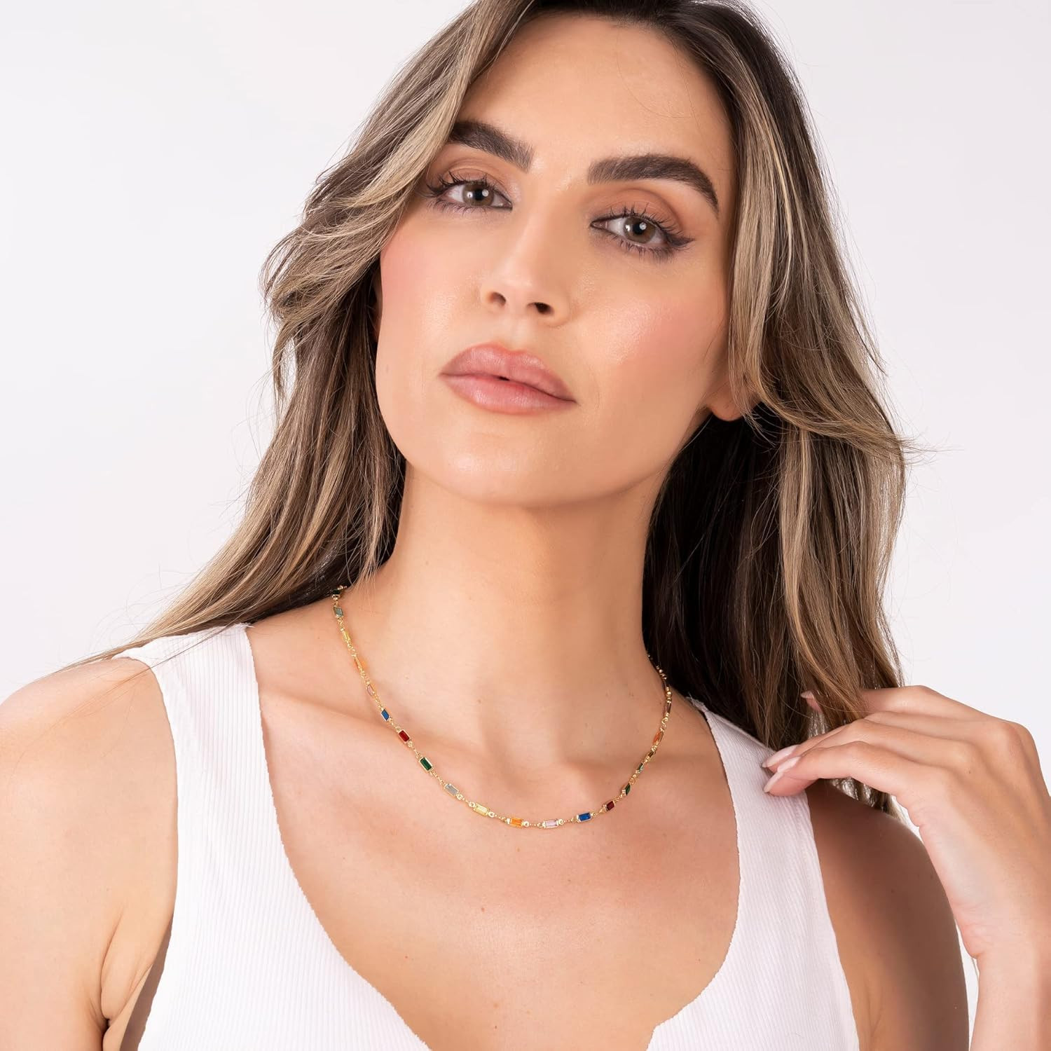 18K Gold Plated Multi Stone Crystal Baguette Necklace for Women – Made in Brazil