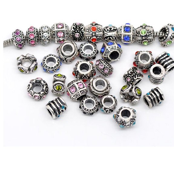 10PCs Mixed Silver Tone Rhinestone European Charm Spacer Beads Fit Bracelets