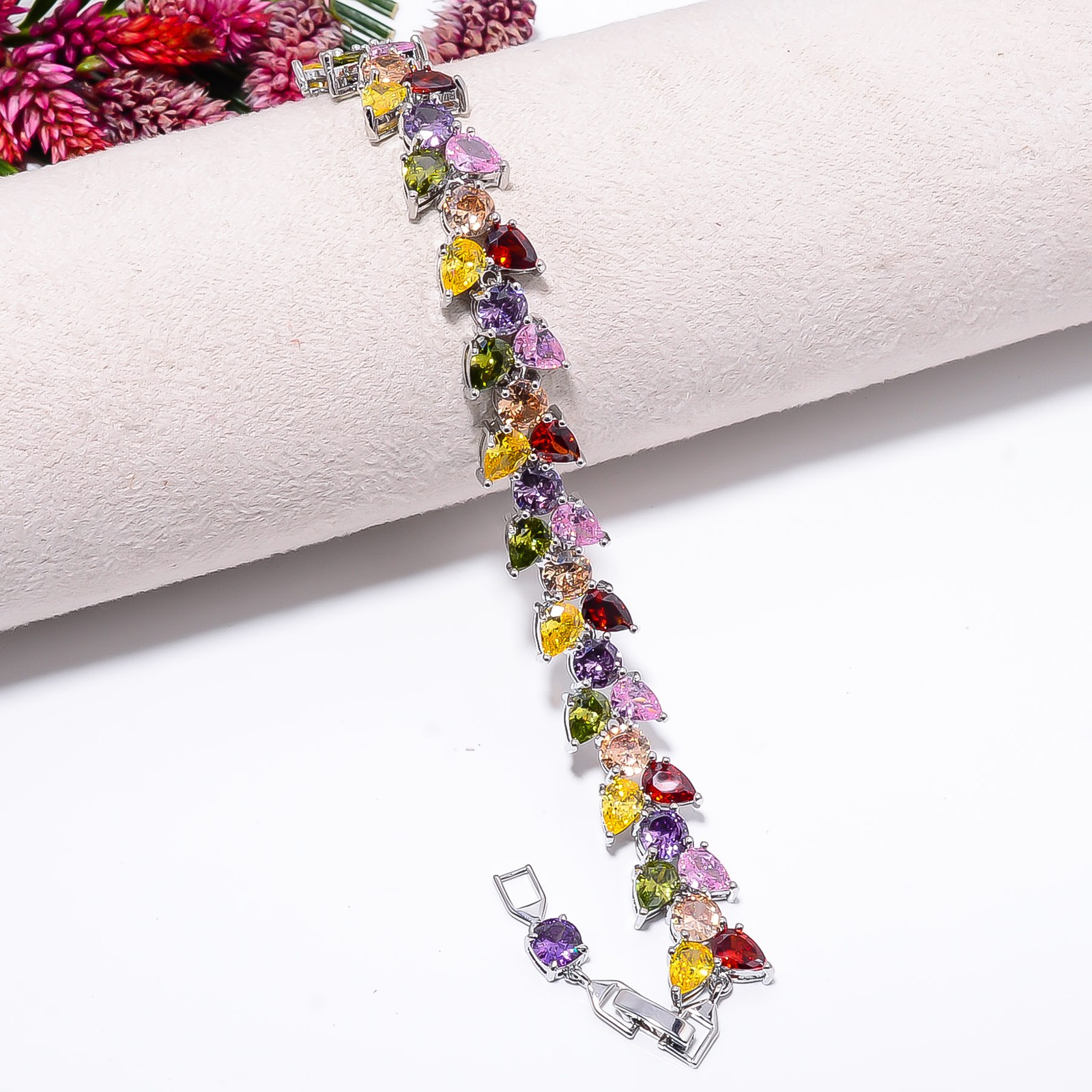Multi Sapphire -Simulated, CZ 925 Sterling Silver Adjustable Bracelet 7-8″ B530