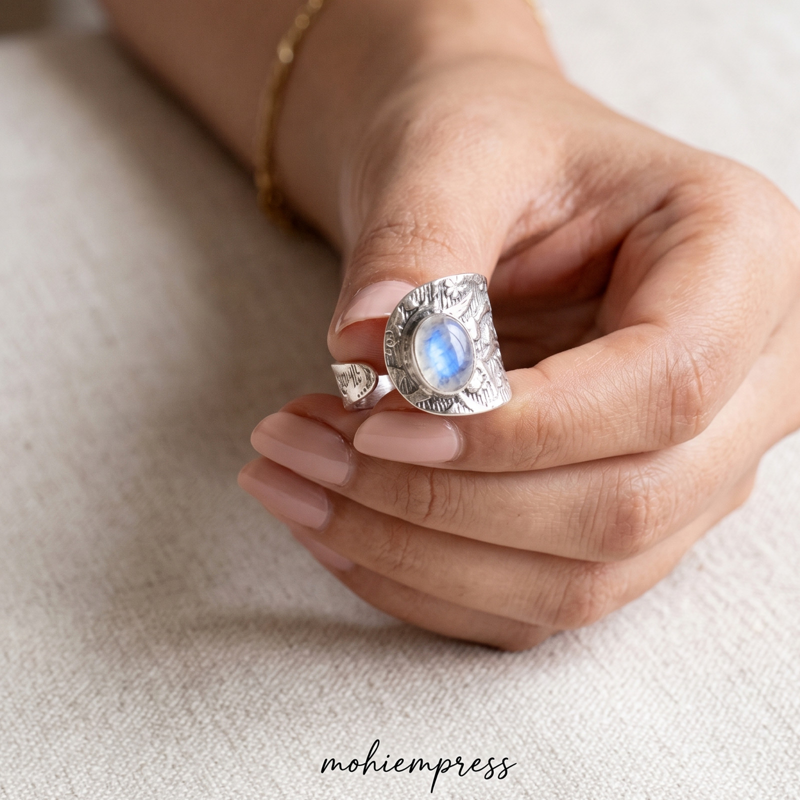 Natural Moonstone Sterling Silver Wrap Ring, Floral Statement Jewelry