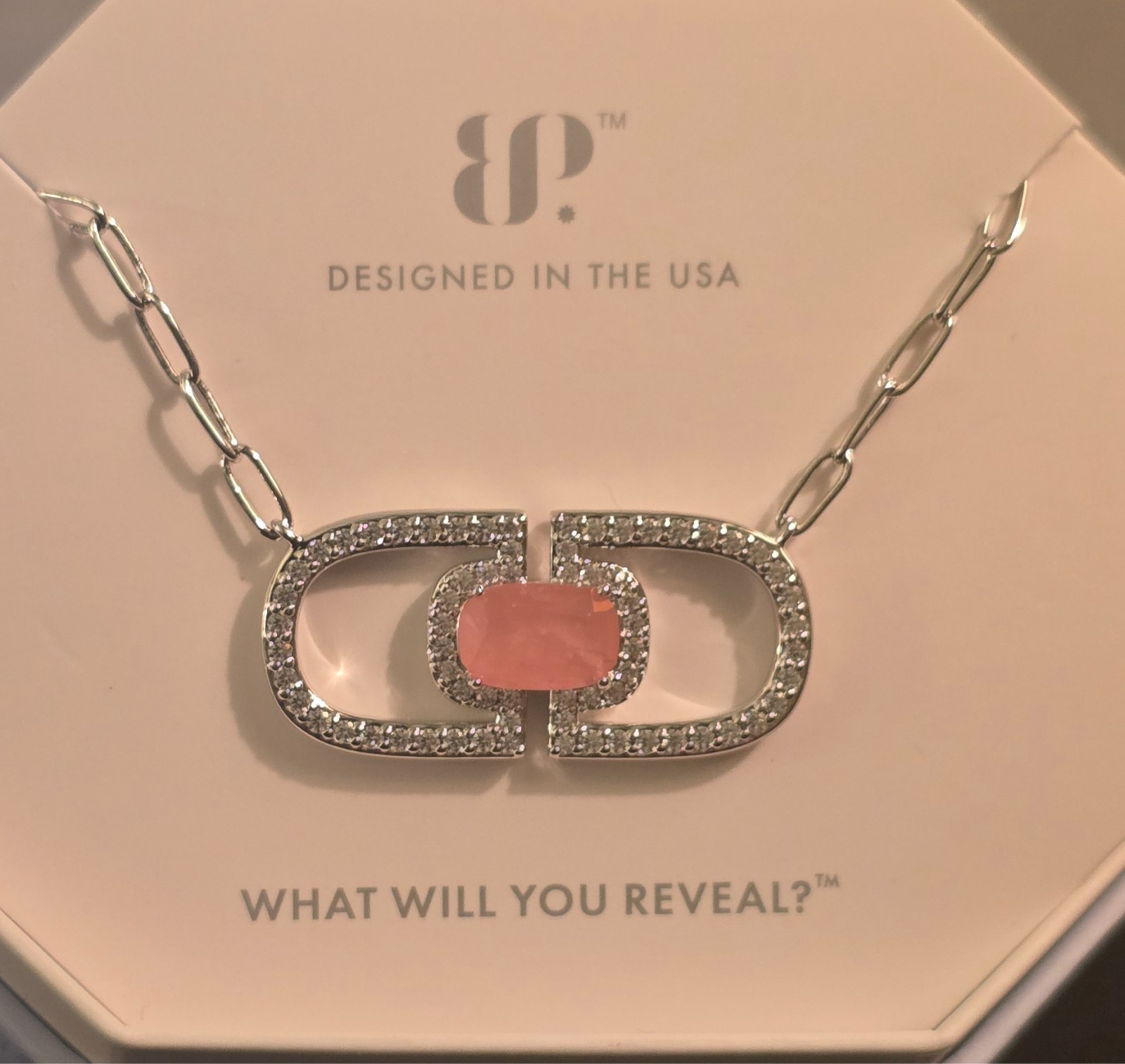 Bomb Party Necklace NK96640 ‘Inner Power Shines Through’ Rose Quartz Rhodium