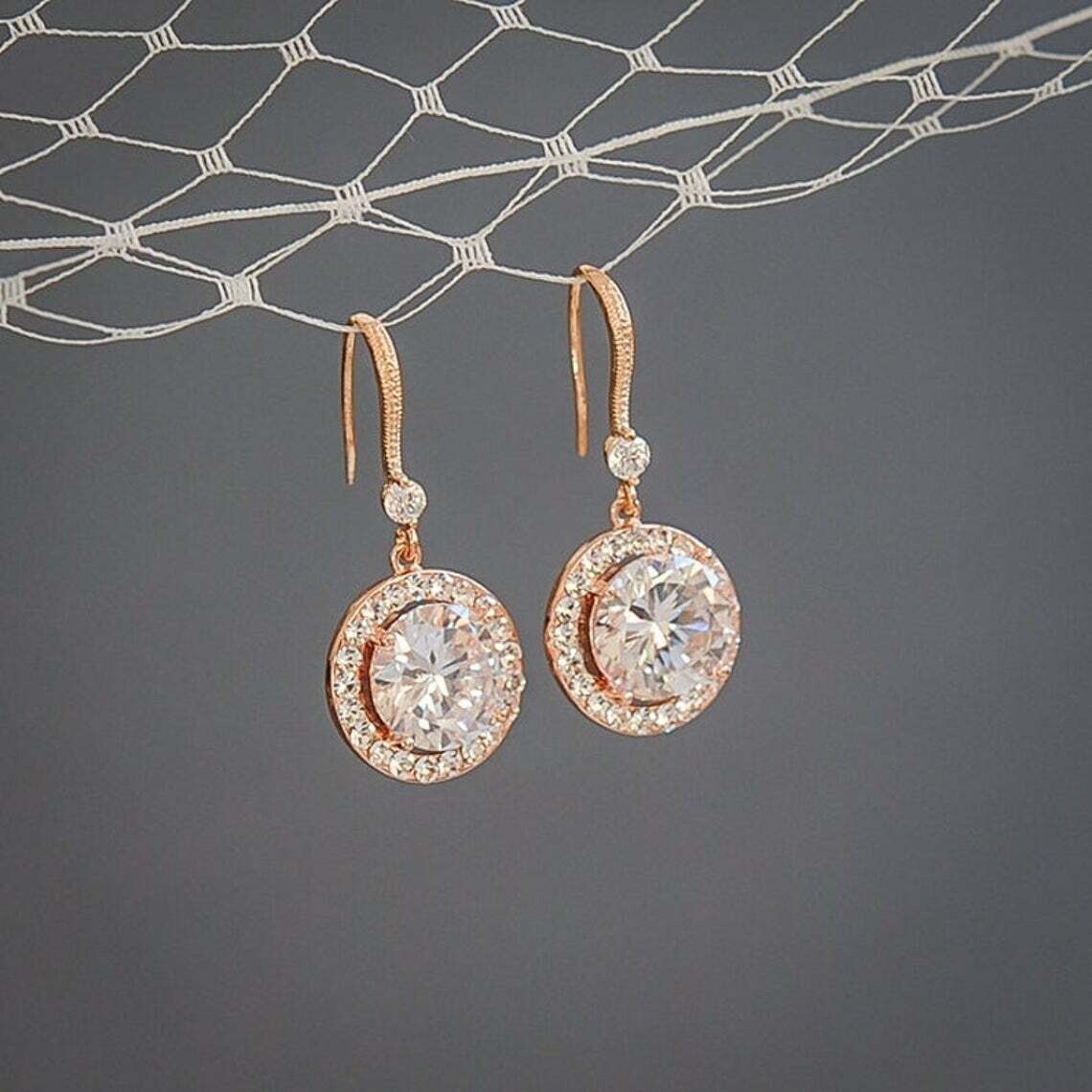 14K Rose Gold Plated 2.50Ct Round Cut Simulated Diamond Halo Drop Hook Earring