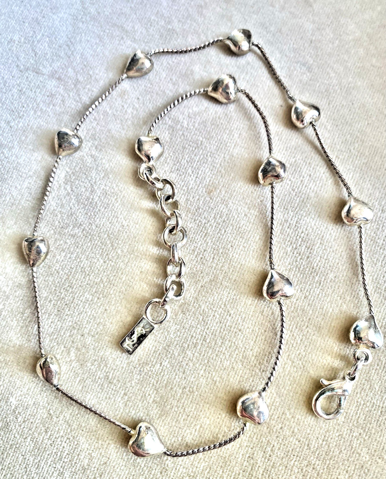 YSL PARIS HEART Necklace Silver Plated 17″ Yves Saint Laurent SILVER LOGO Tag