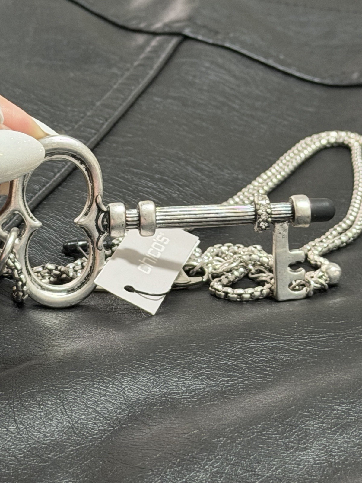 Chico’s Silver Tone Key Pendant Necklace, Box Chain, Adjustable Crystal
