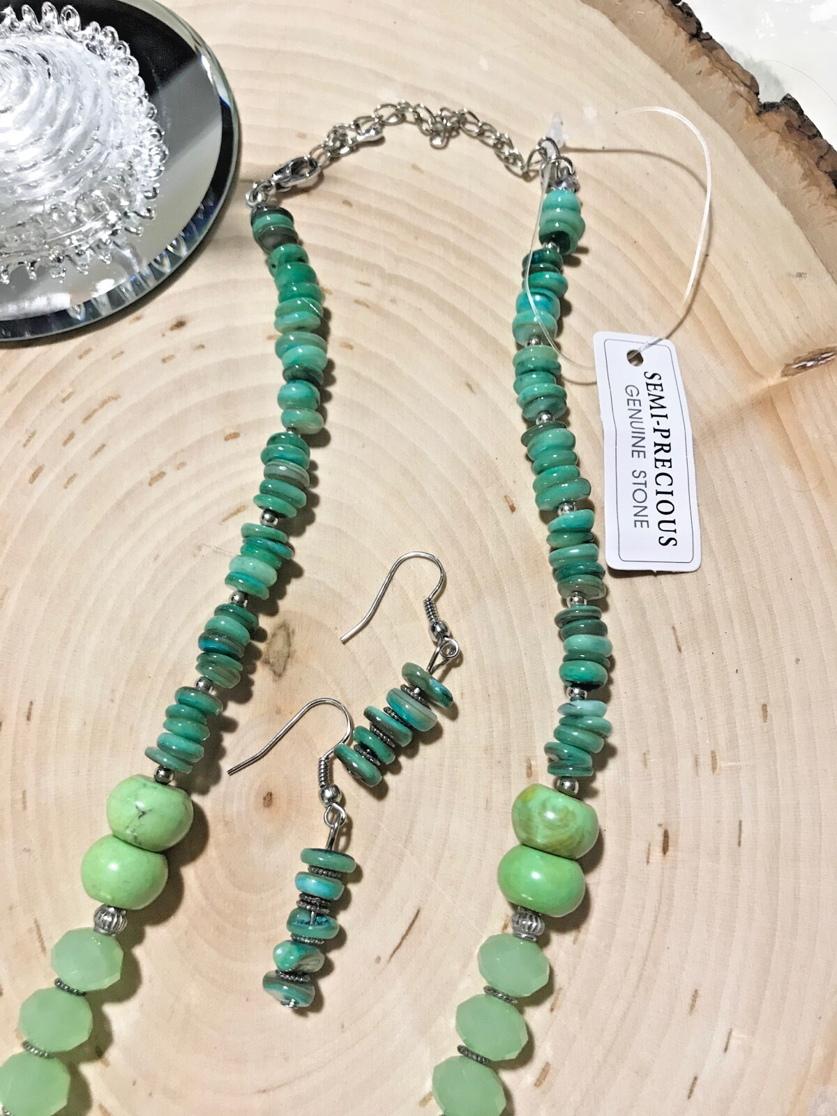 GREEN JASPER & GREEN AGATE NECKLACE SET SEMI PRECIOUS STONE