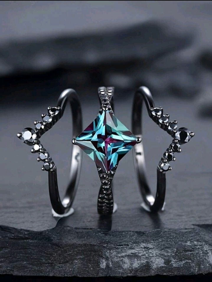 3pcs Black Colored Zinc Blue Purple CZ Ring Set Size 10