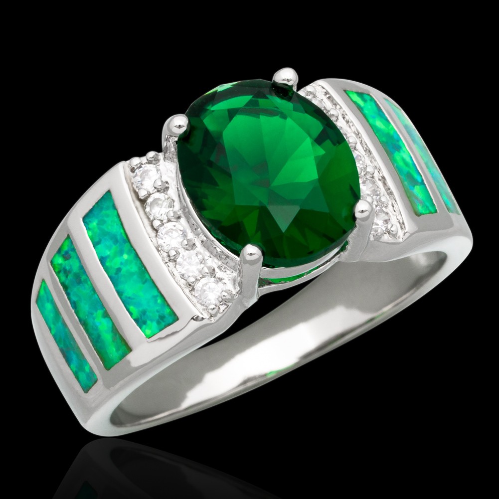 8×10 Simulated Emerald Kiwi Green Fire Opal CZ Silver Jewelry Ring 7 8 9 10