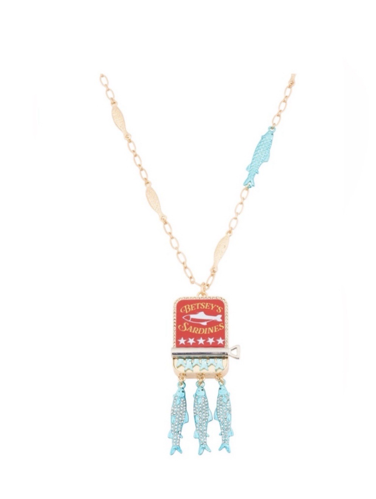 BETSEY JOHNSON SARDINES CAN CHARM PENDANT NECKLACE GOLD RED BLUE CRYSTAL – NWT