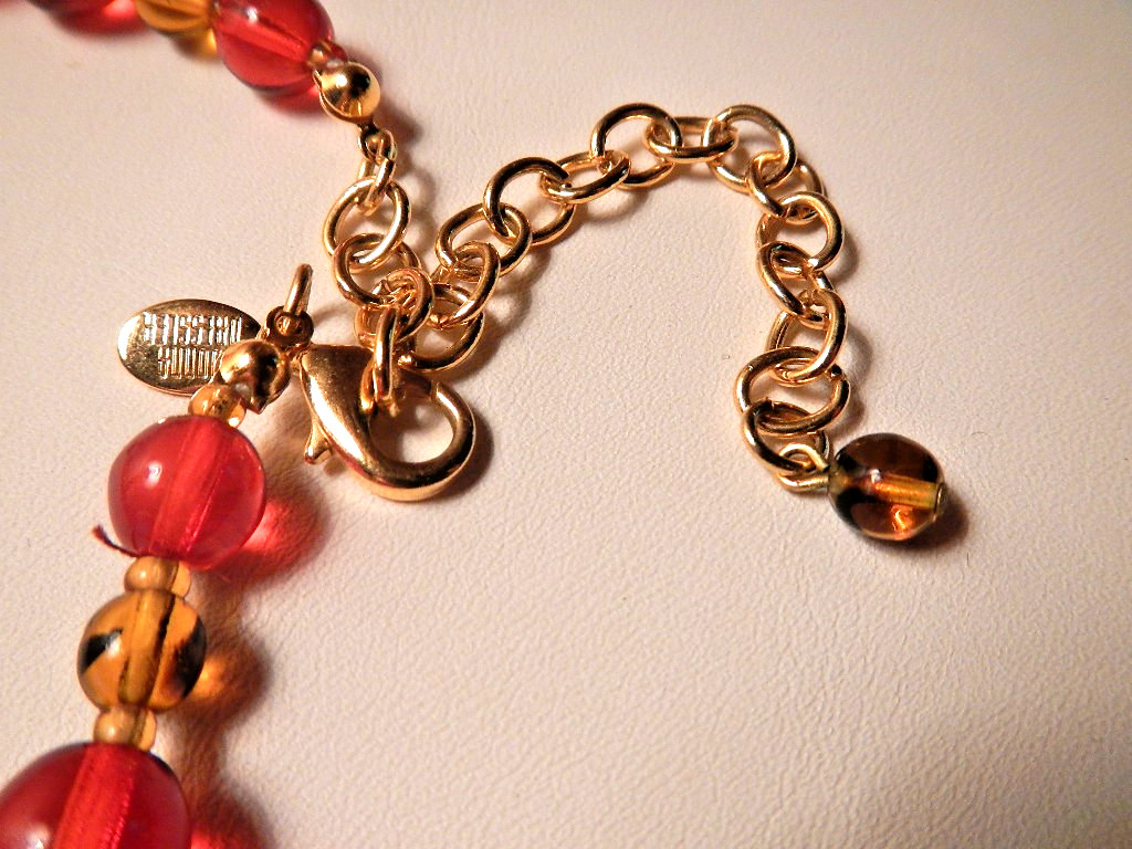 Vintage Donna Dressler Red & Amber Tortoise Style Art Glass Bead Necklace