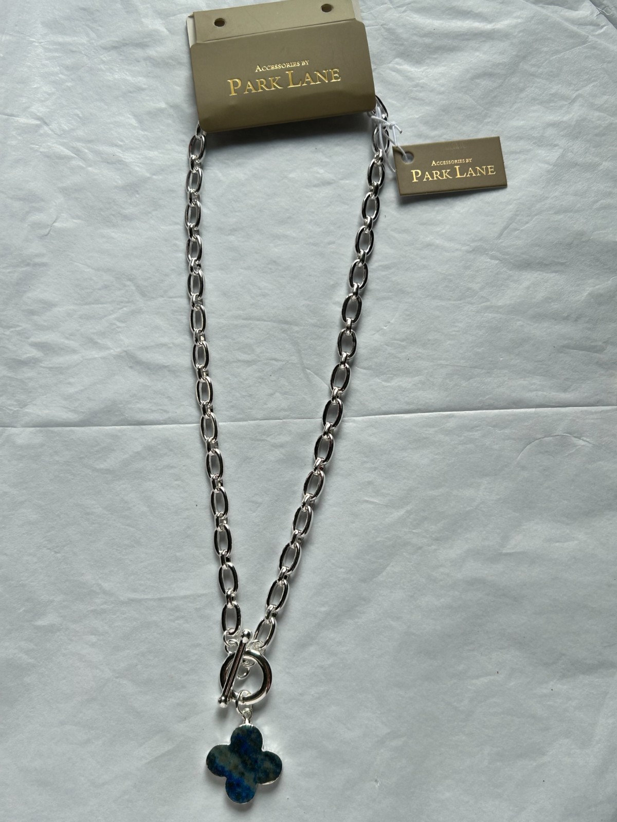 Silver Plated T Bar Clover Necklace With Semi Precious Lapis Stone, By Park Lane