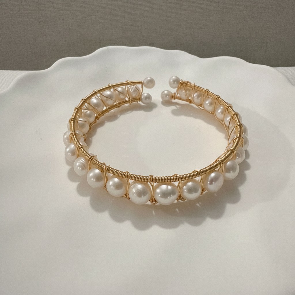 Natural White Freshwater Pearl Cuff Bracelet Gold Wire Wrapped Open Bangle Gift