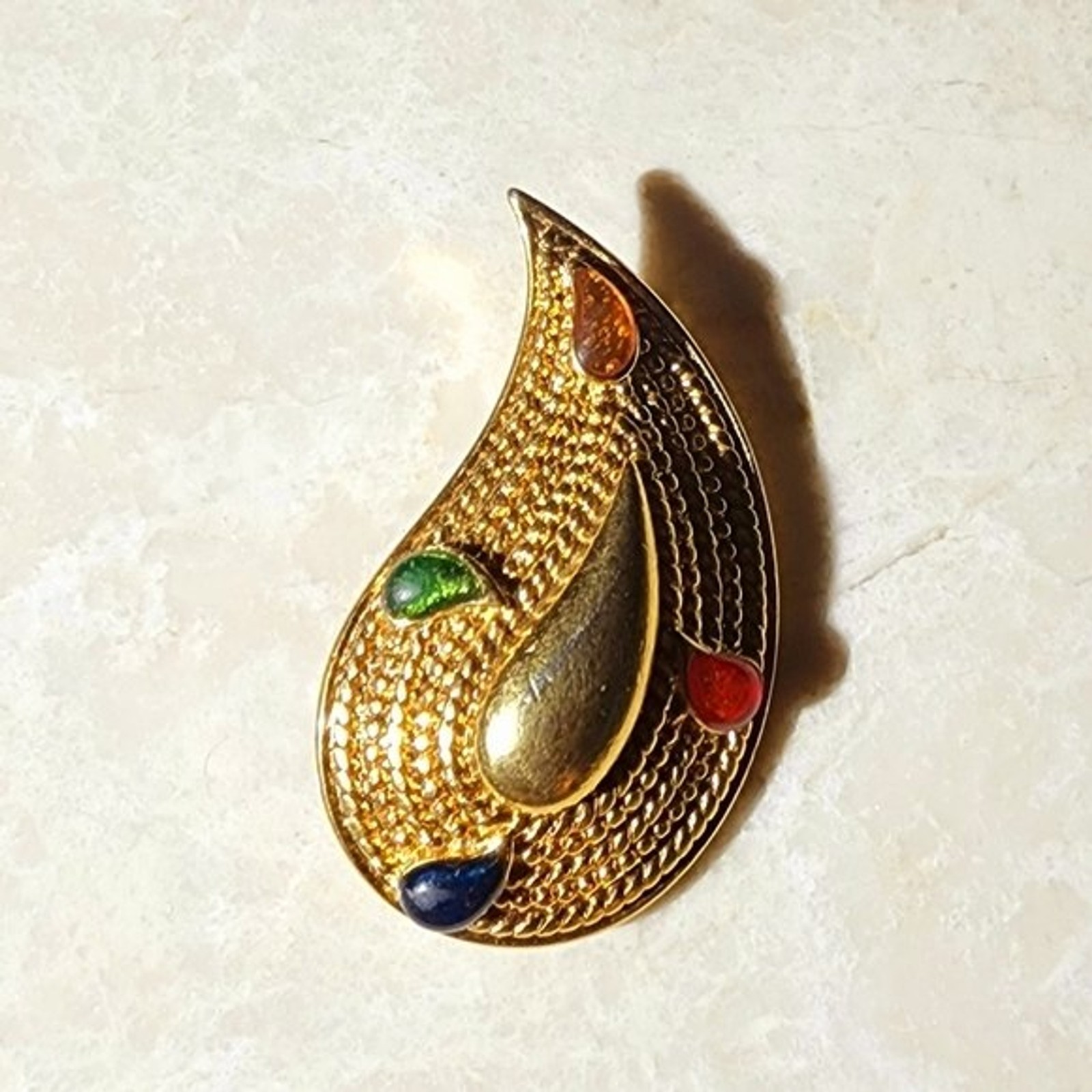 Vintage Avon Gold Paisley colorful gemstone brooch