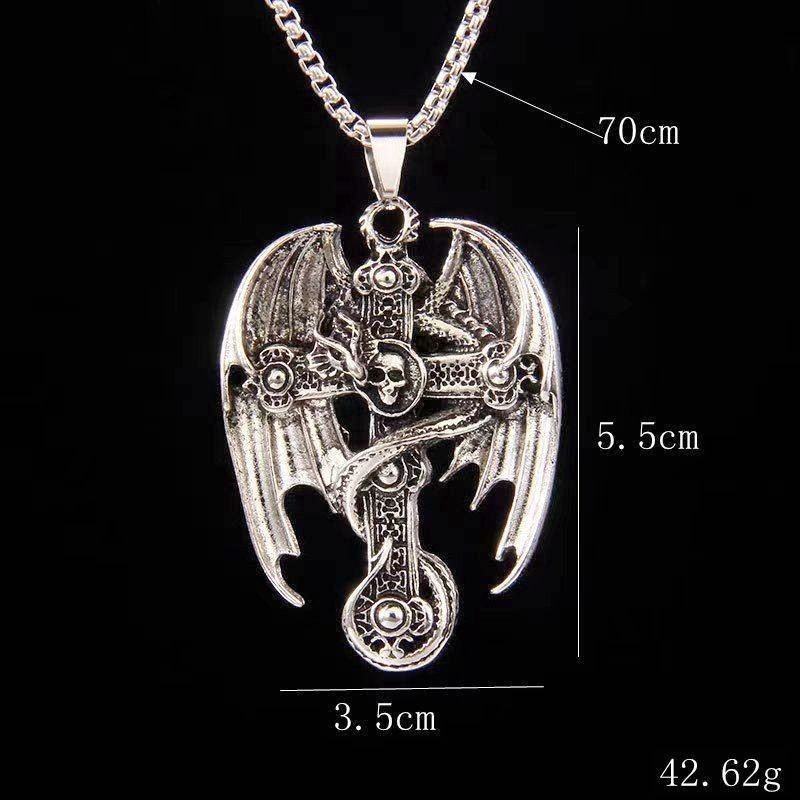 Gothic Winged Cross Skull Pendant Necklace Men’s Vintage Stainless Steel Jewelry