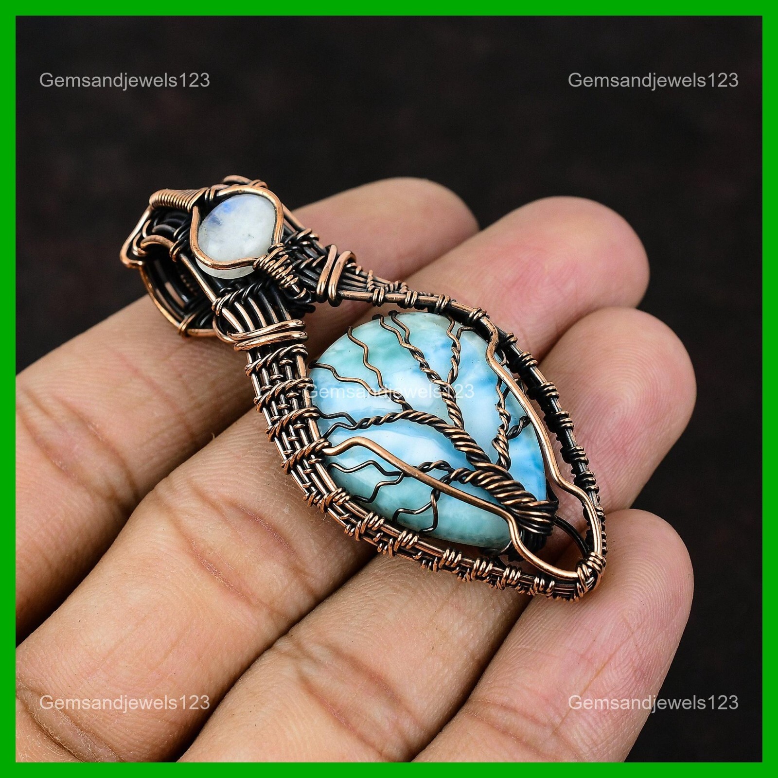 Pear Larimar Stone Rainbow Moonstone Birthday Wire Wrap Pendant Jewelry Copper