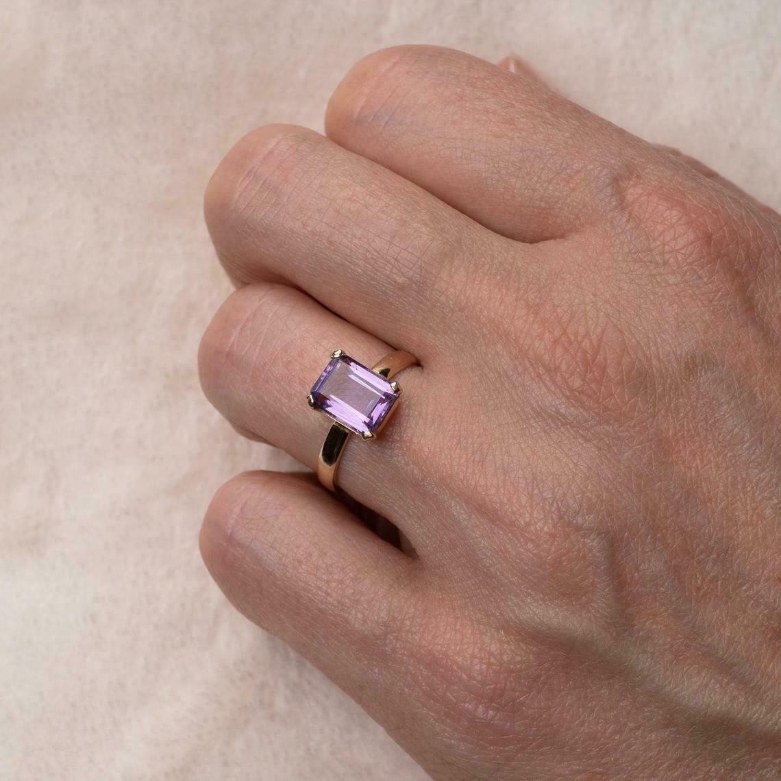 14K Yellow Gold Plated 2Ct Emerald Cut Simulated Amethyst Lovely Solitaire Ring
