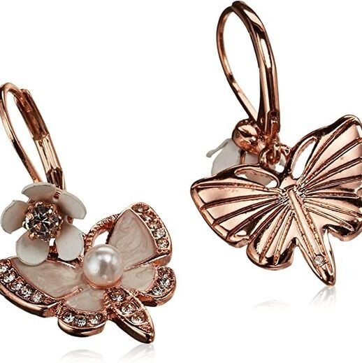 Betsey Johnson Rose Gold Butterfly Drop Earrings | Pearl Accent |