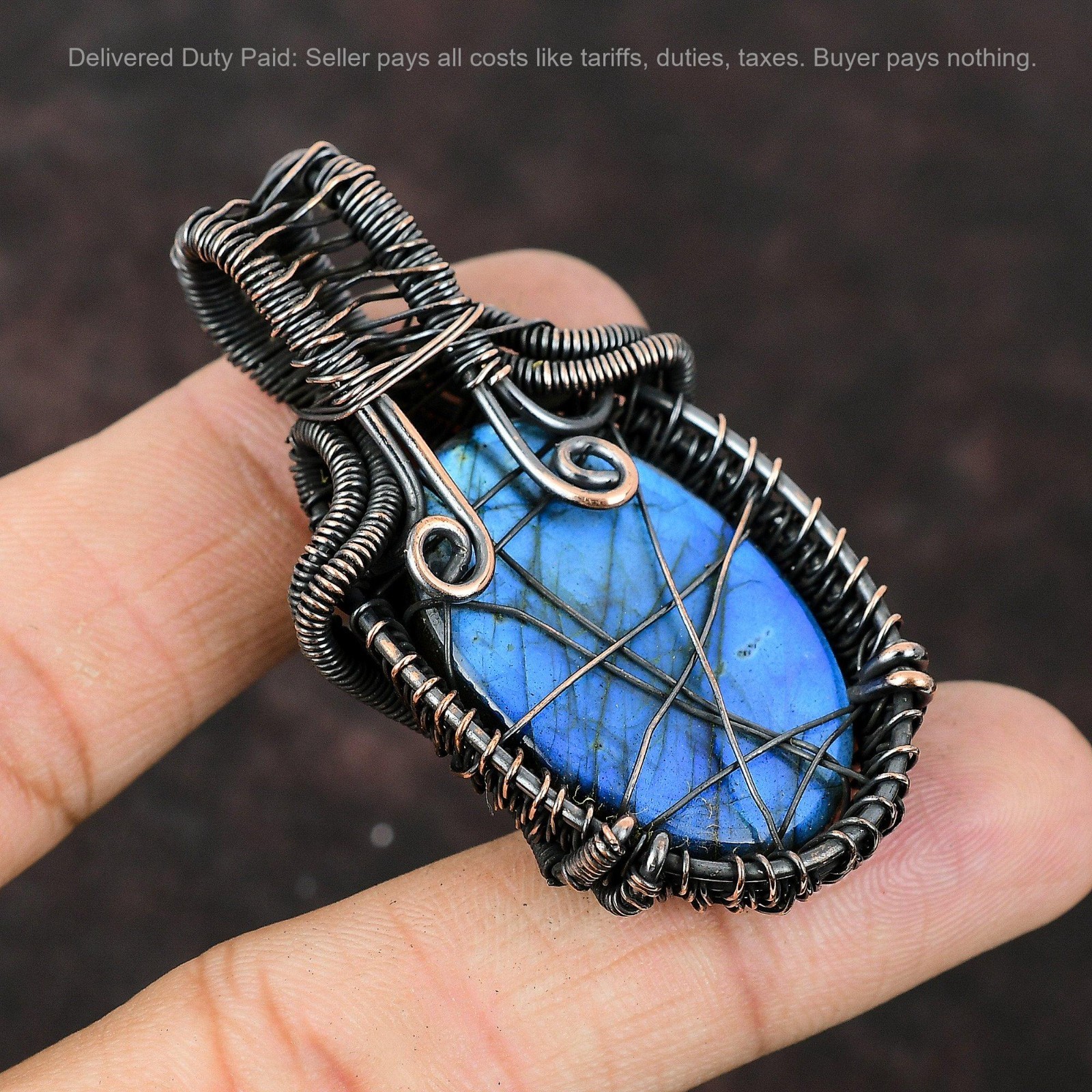 Oval Labradorite Stone Wedding Wire Wrapped Art Deco Boho Pendant Jewelry Copper