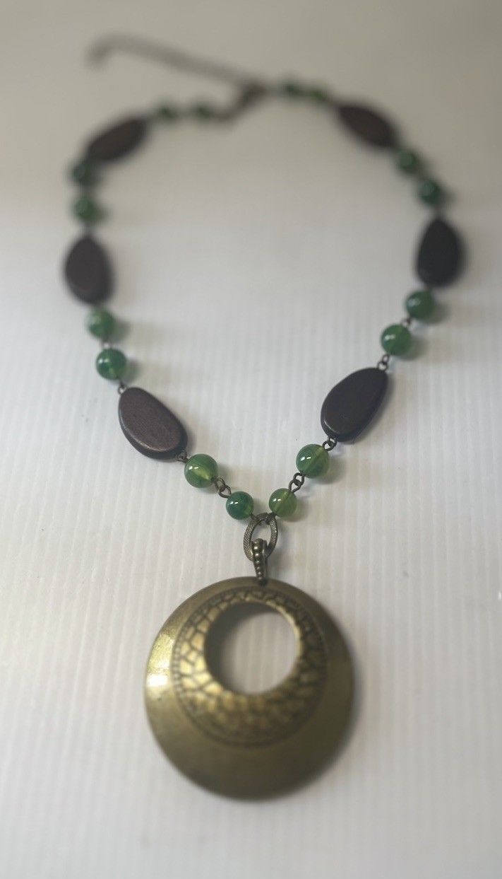 BOHO BEADED NECKLACE W/ROUND BRASS PENDANT 28″ SALE!