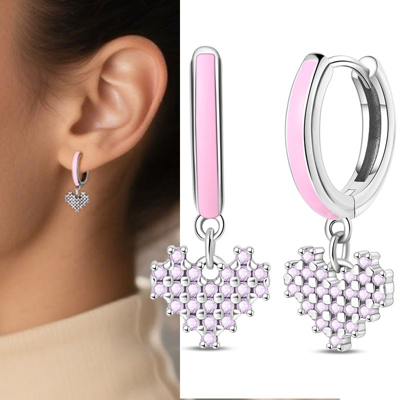 PANDACH 925 Sterling Silver Pink Heart Pendant Earrings, Dainty Gifts for Women
