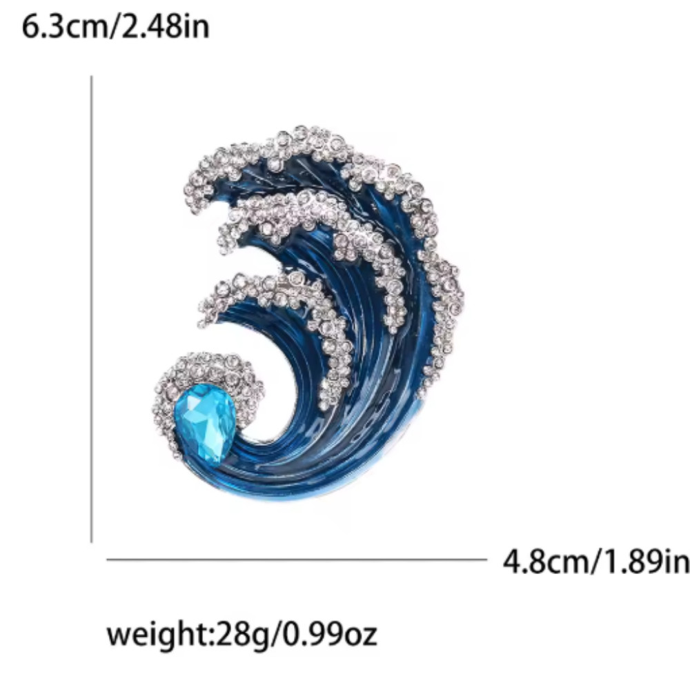 Big Ocean Wave Brooch – Blue Crystal & Rhinestone Water Pin, Summer Jewelry Gift
