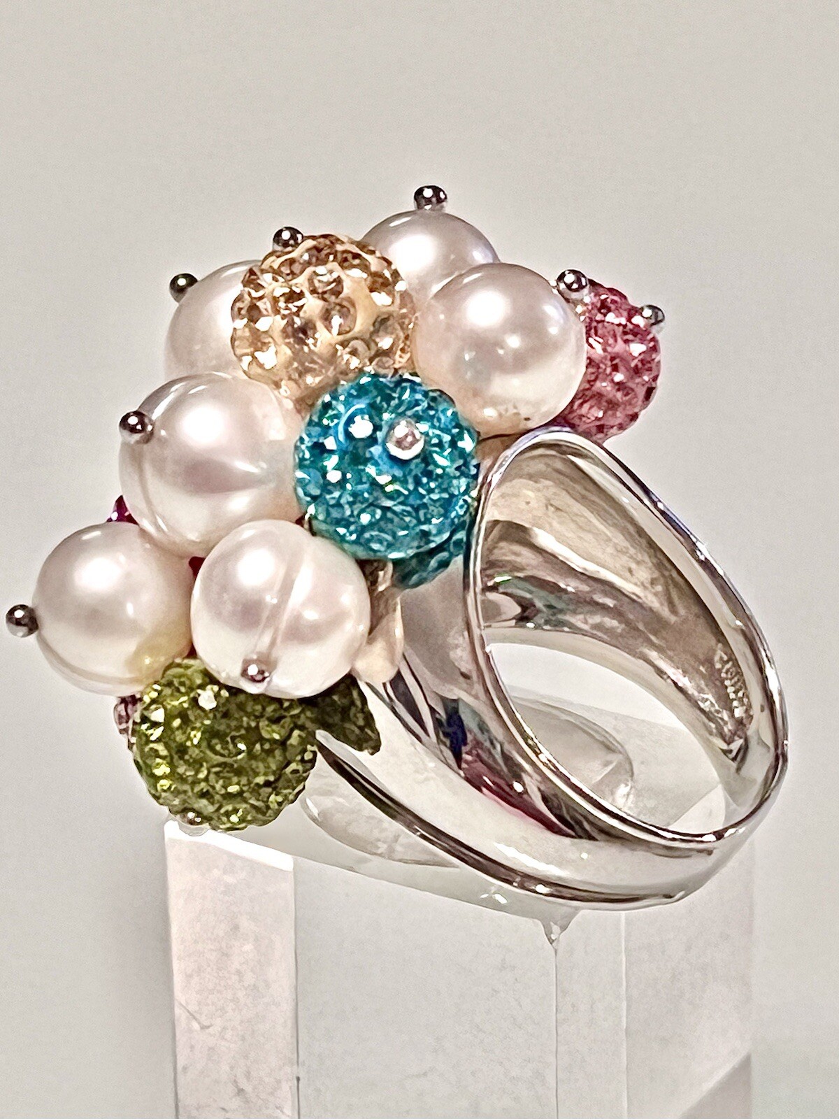 ROSS SIMONS~925 SS PEARLS W COLORED CRYSTAL BALL CLUSTER RING~SZ 7.25~15.7G