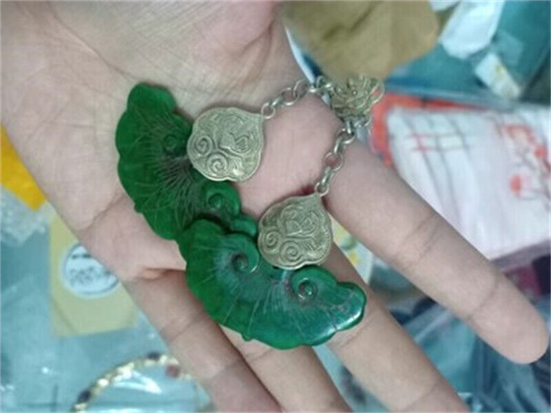 Chinese Antique Tibetan Silver Inlaid Natural Jade Earrings Lucky Jewelry Gifts