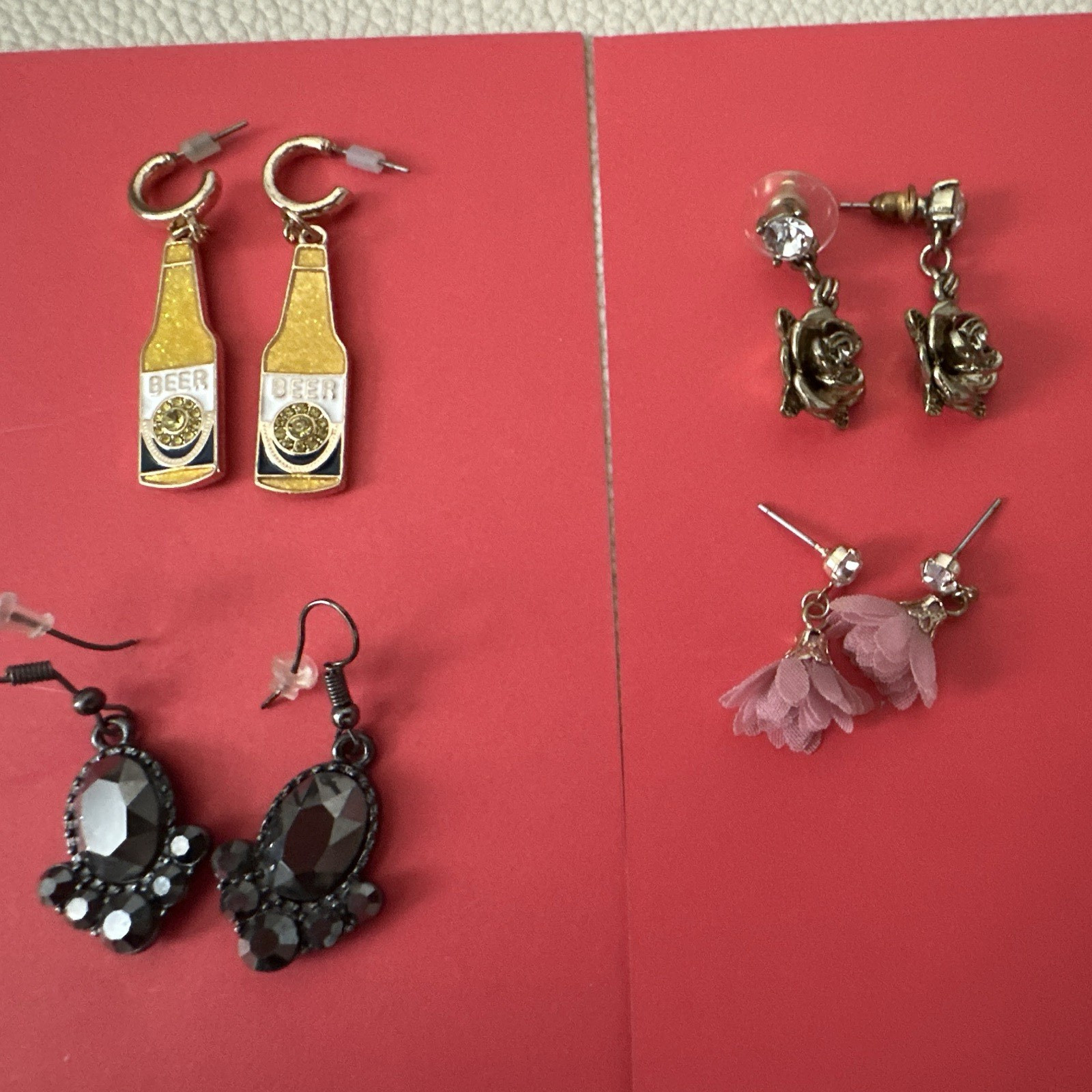 Lot of 4 Pairs Black/Gold/Pink Rhinestone & Metal Dangle/Drop Earrings Hook
