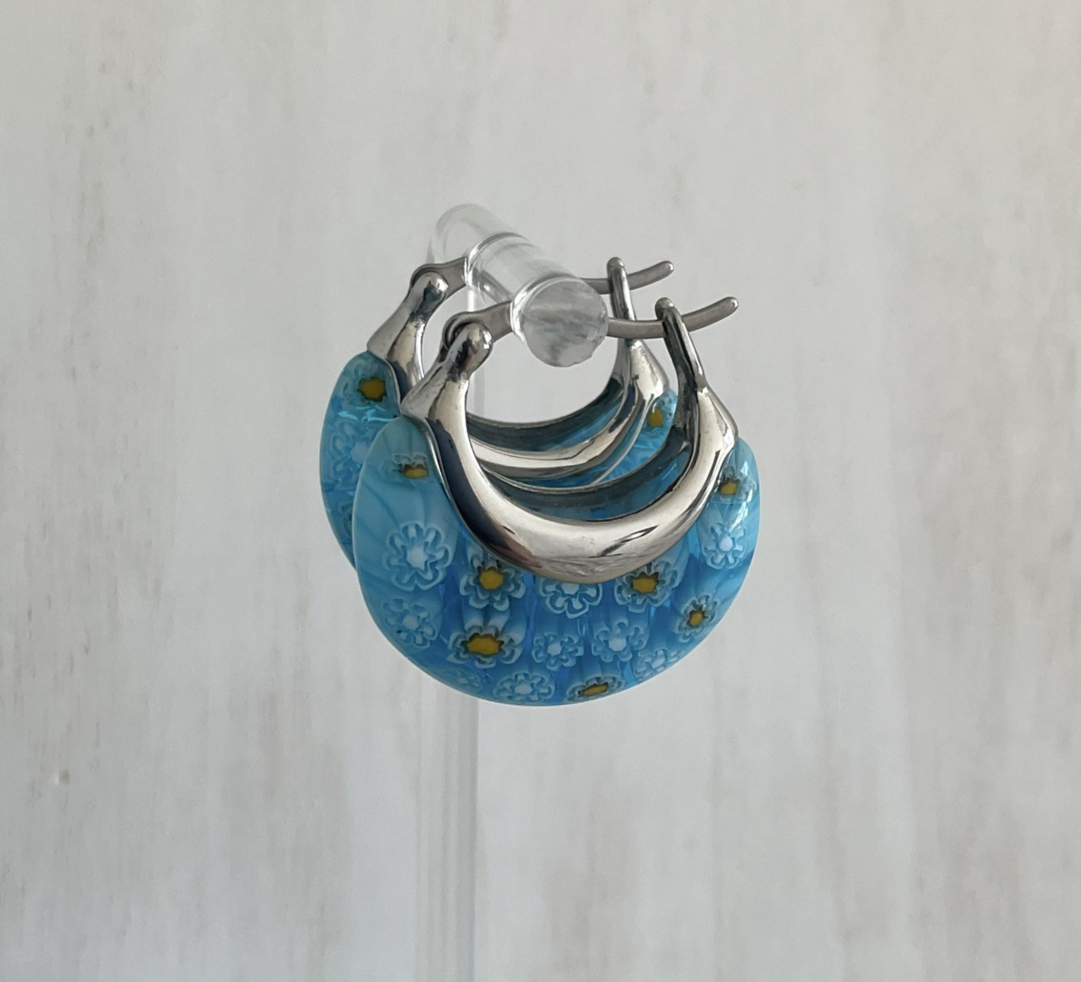 Blue Murano Millefiori Style Daisy Glass 1″ Hoop Earrings Stainless Steel