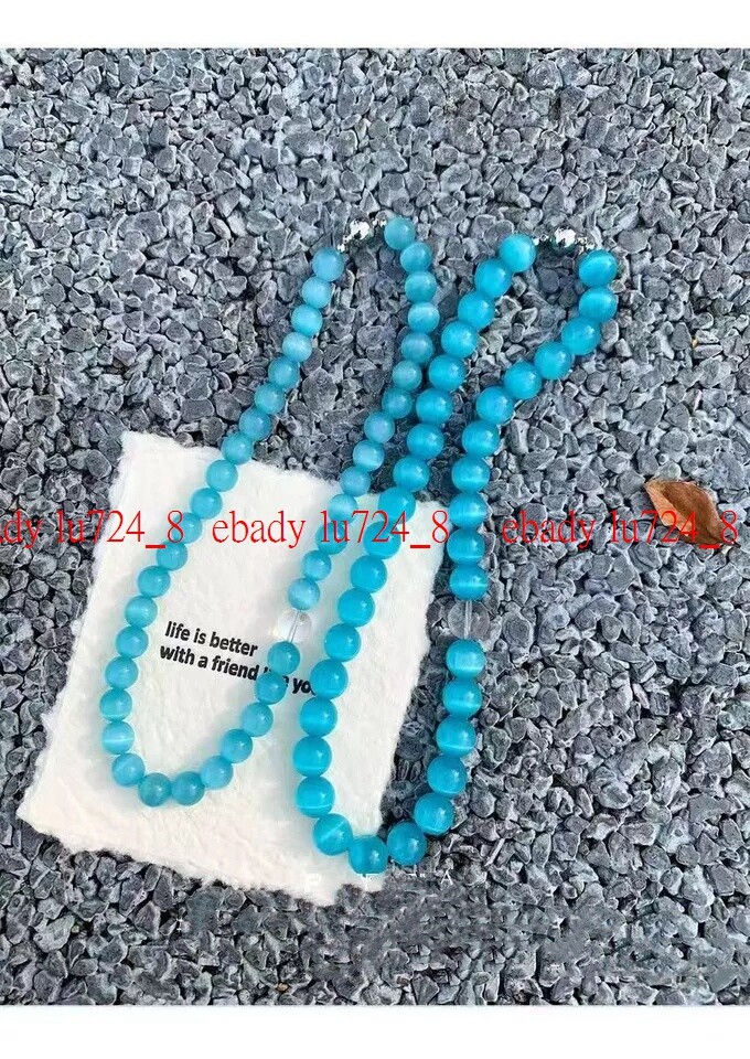 1Pcs Fashion 6/8mm Blue Cat Eye Opal Gemstone Round Beads Necklace 18” Strand