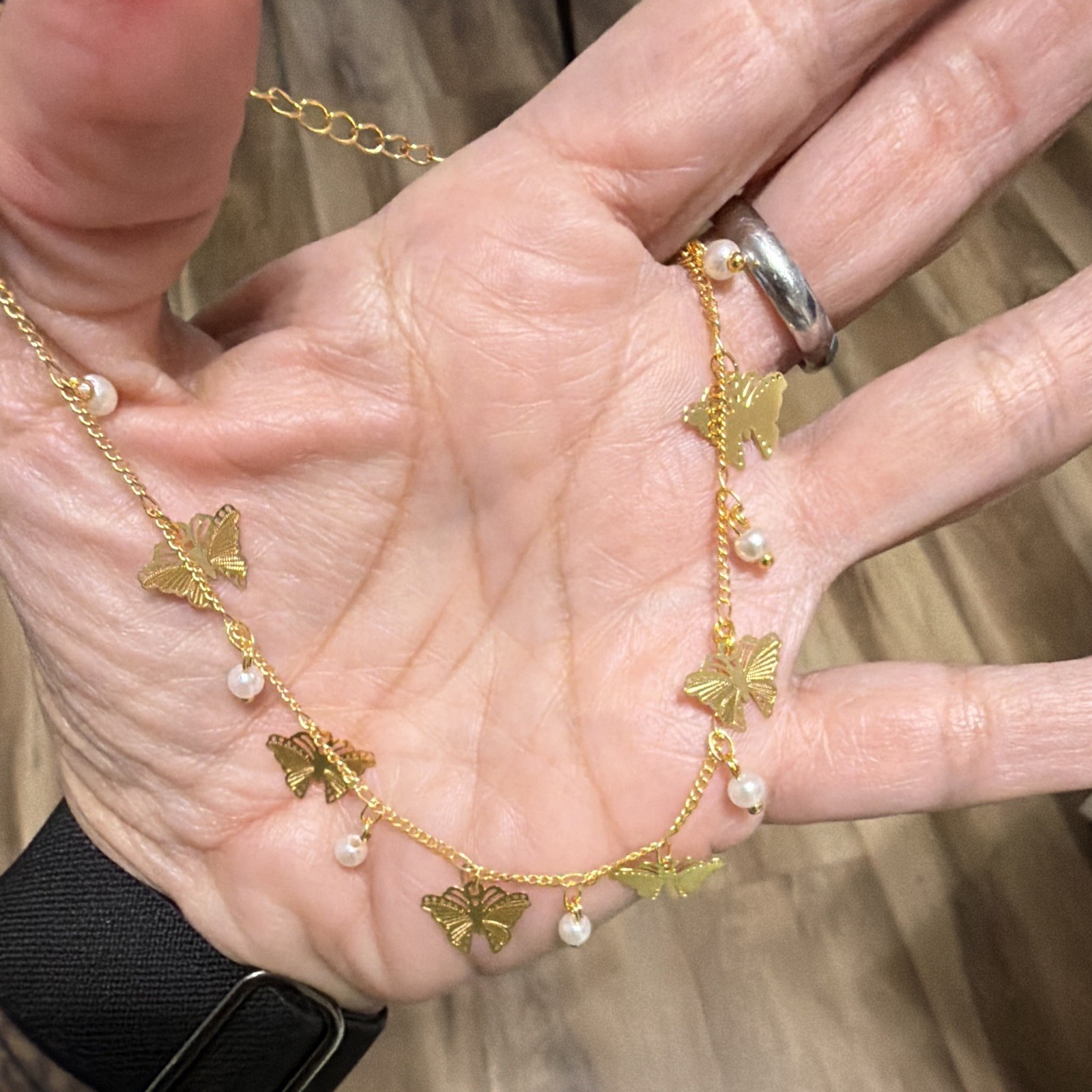 Gold Filled Butterfly Charm Anklet White Round Pearl Beads & Dangles