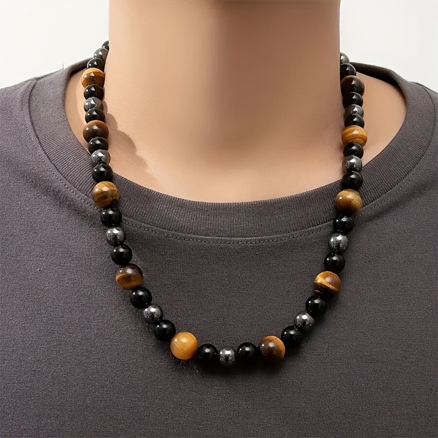 4Pcs Natural Triple Protection Tiger Eye Stone Beaded Bracelets Necklaces 24inch