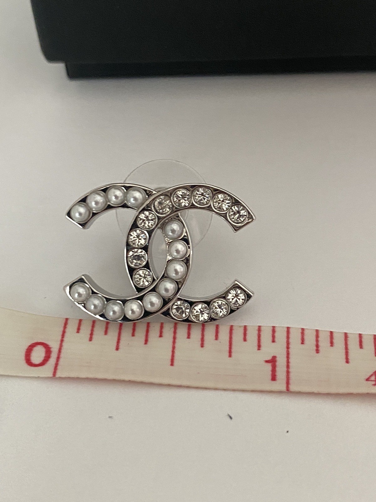 Authentic Chanel Silver Tone Crystal Stud Earrings Medium Size