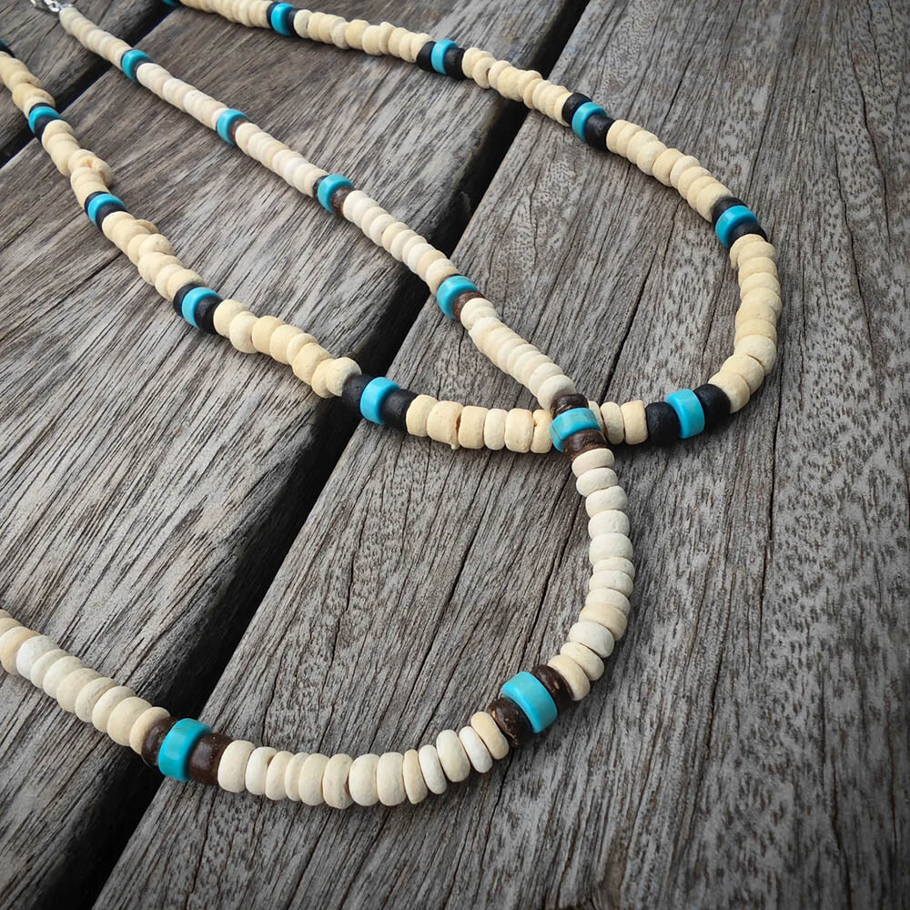 18″ Wood & Coconut Shell Bead Necklace – Natural Boho Surfer Style, Adjustable