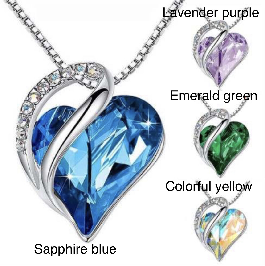 Women Birthstone Heart Silver Necklace Love Crystal Pendant Lady Fashion Gift