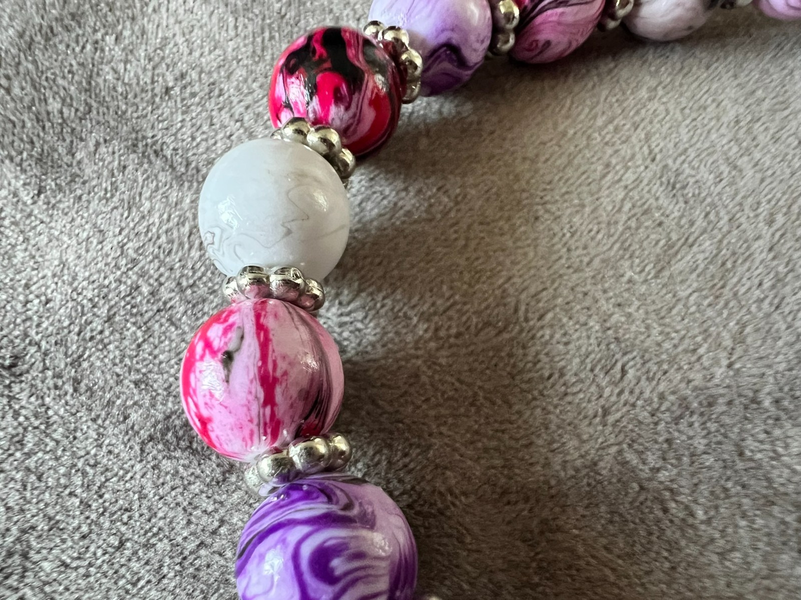handmade elastic unique marble acrylic beads & silver accents bracelet