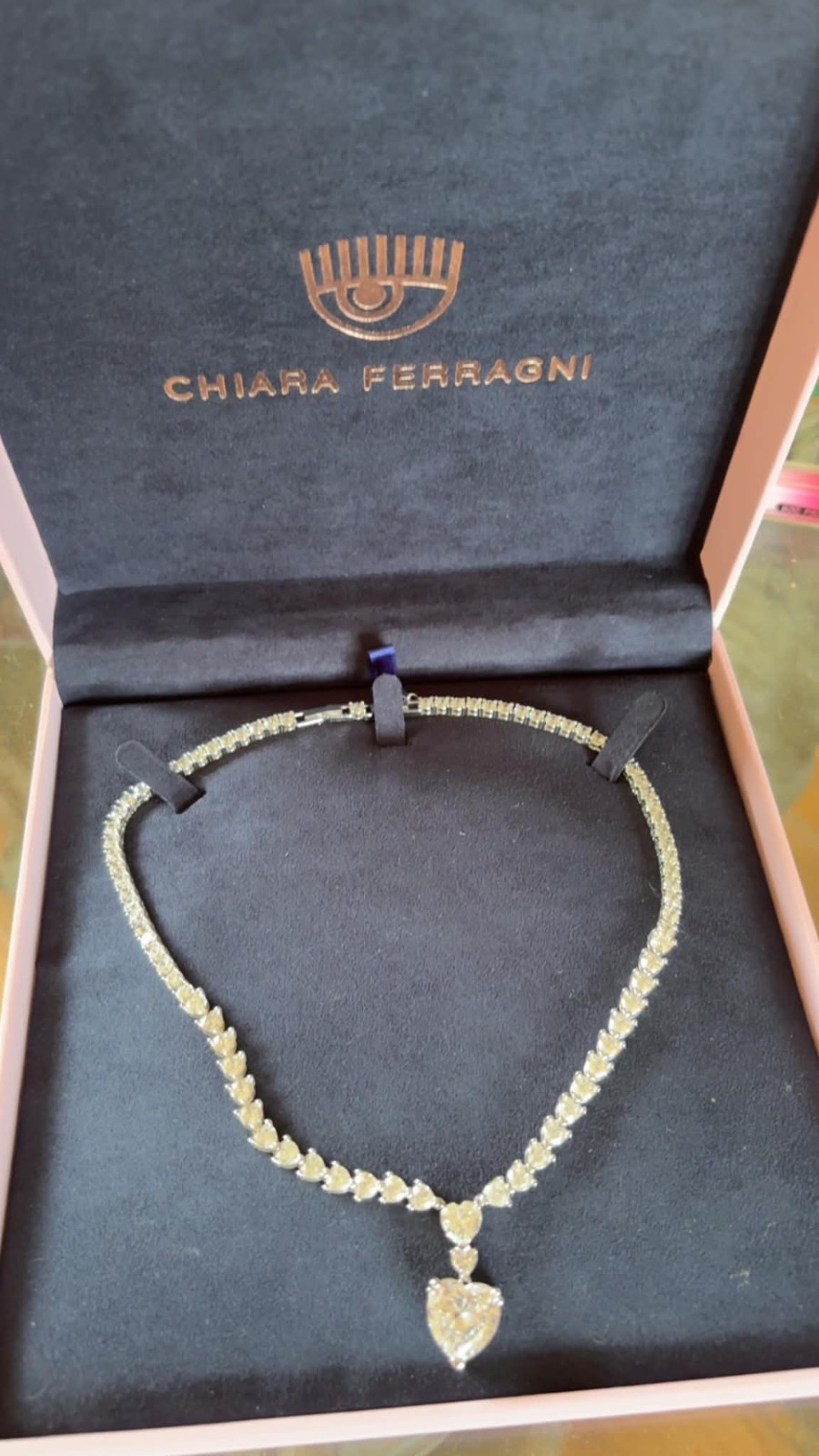 Chiara Ferragni Tennis Chain Necklace Heart Charm Pendant Gold Tone Clear
