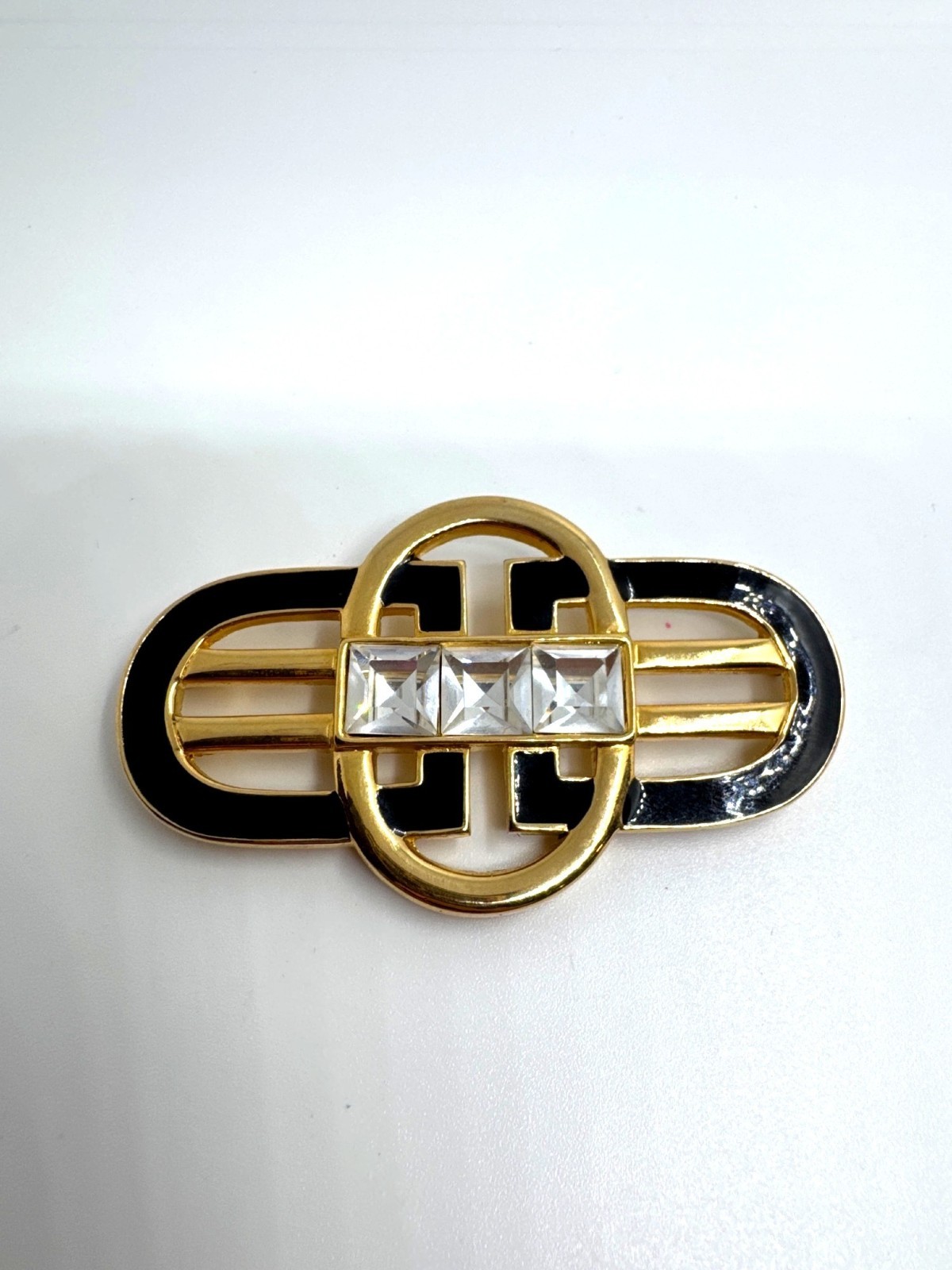 Swarovski Crystal Art Deco Brooch Black Enamel Gold Tone Signed Swan Pin