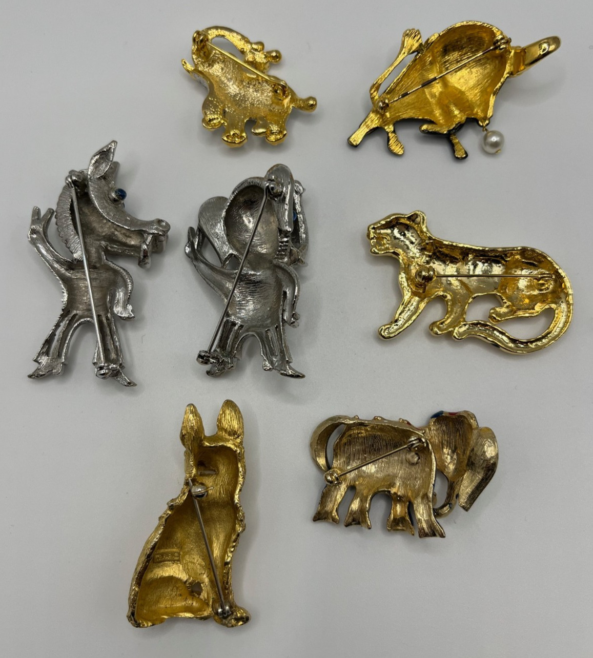 Unique Metal Animal Pins, Lot of 7, Elephants (3), Leopard, Bull, Donkey, Dog