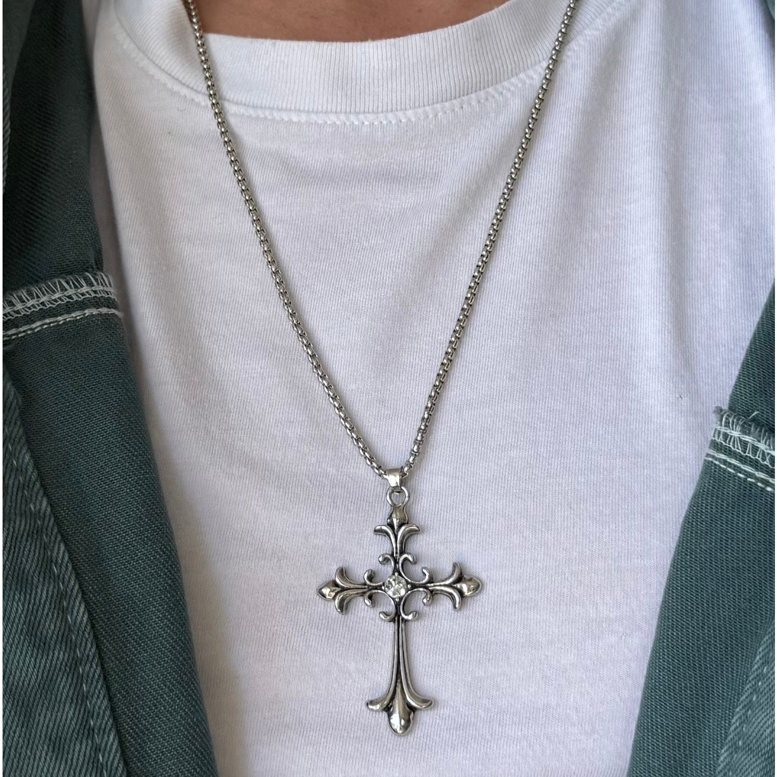 Silver Gothic Cross Pendant Necklace Unisex Stainless Steel Jewelry New