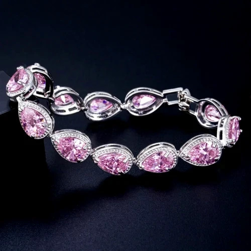 18k White Gold Plated Lab Pink Sapphire Gemstone Tennis Bracelet Women’s Jewelry