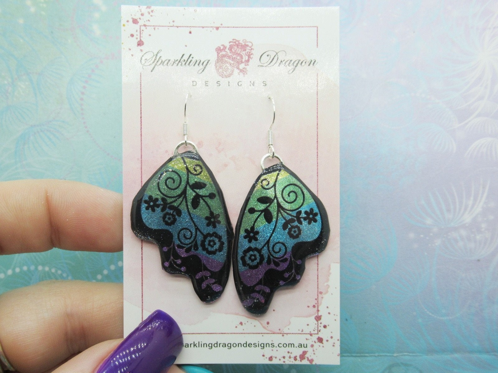 Butterfly Earrings Pale Blue & Green with Flowers – Fairy Jewellery, Gift for