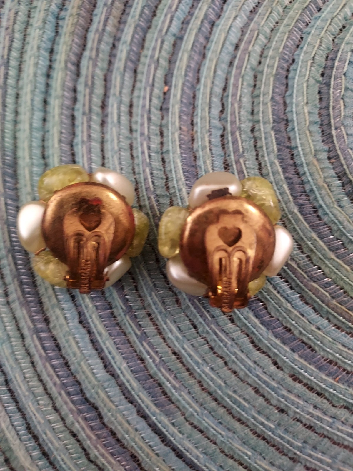 Gold & Green Glass Flower Clip-On Stud Earrings, Round Stone Cluster Vintage