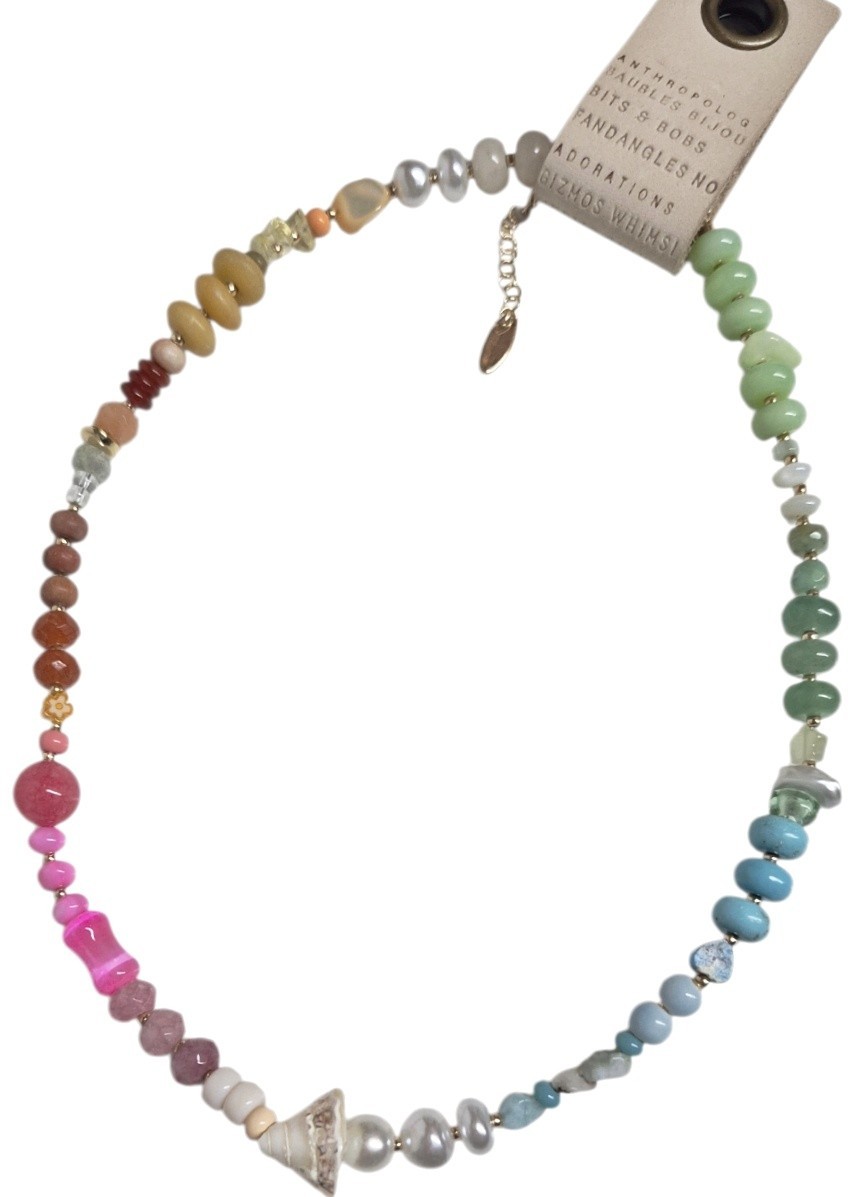 Anthropologie Beaded Shell Charm Necklace Multi-Color Gold Plated Brass New