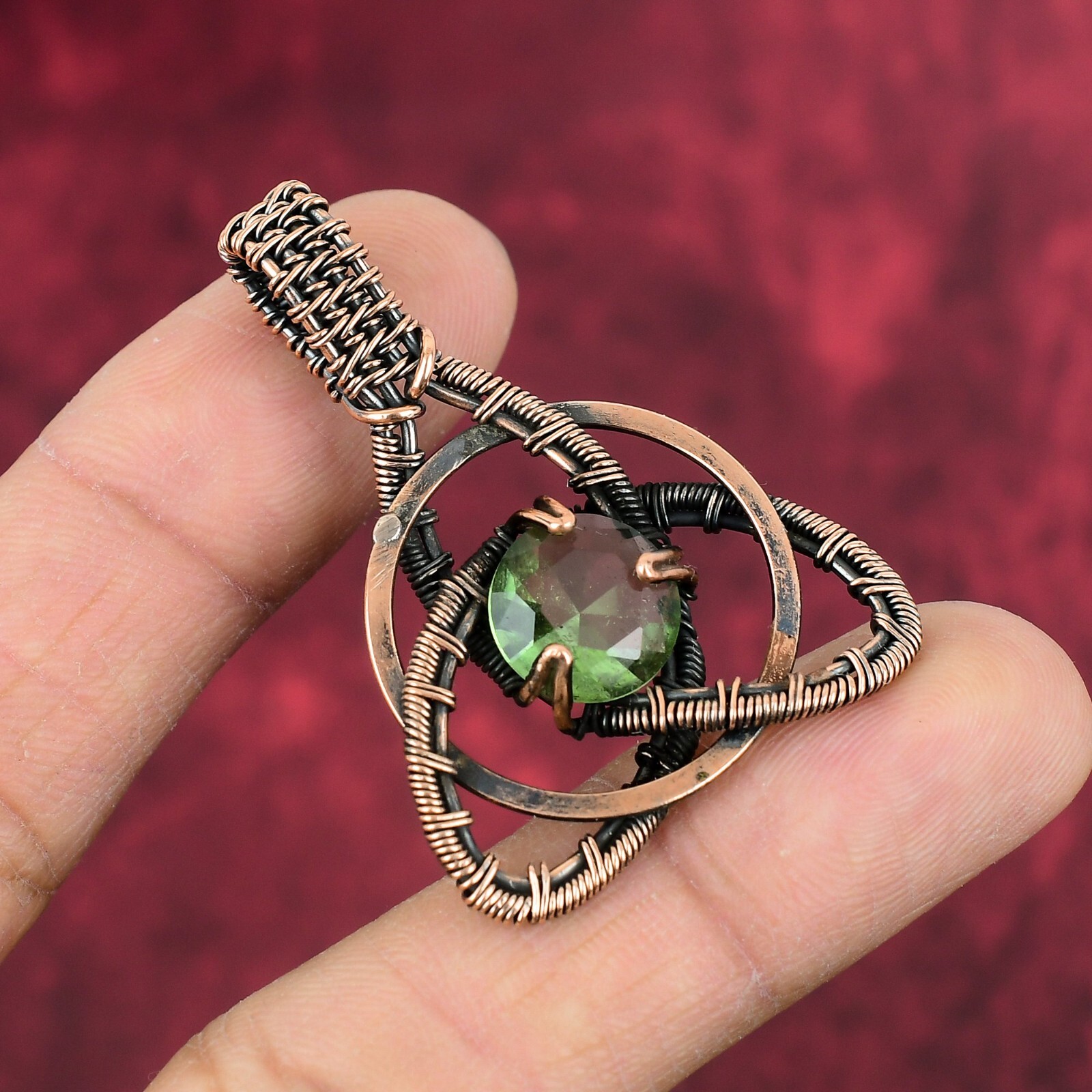 Faceted Green Amethyst Gemstone Pendant Handmade Copper Wire Wrapped Jewelry