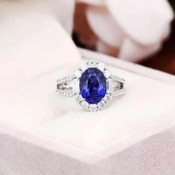 3.60 Ct Natural Blue Sapphire Diamond Wedding Ring 14K Solid White Gold Size 5.5