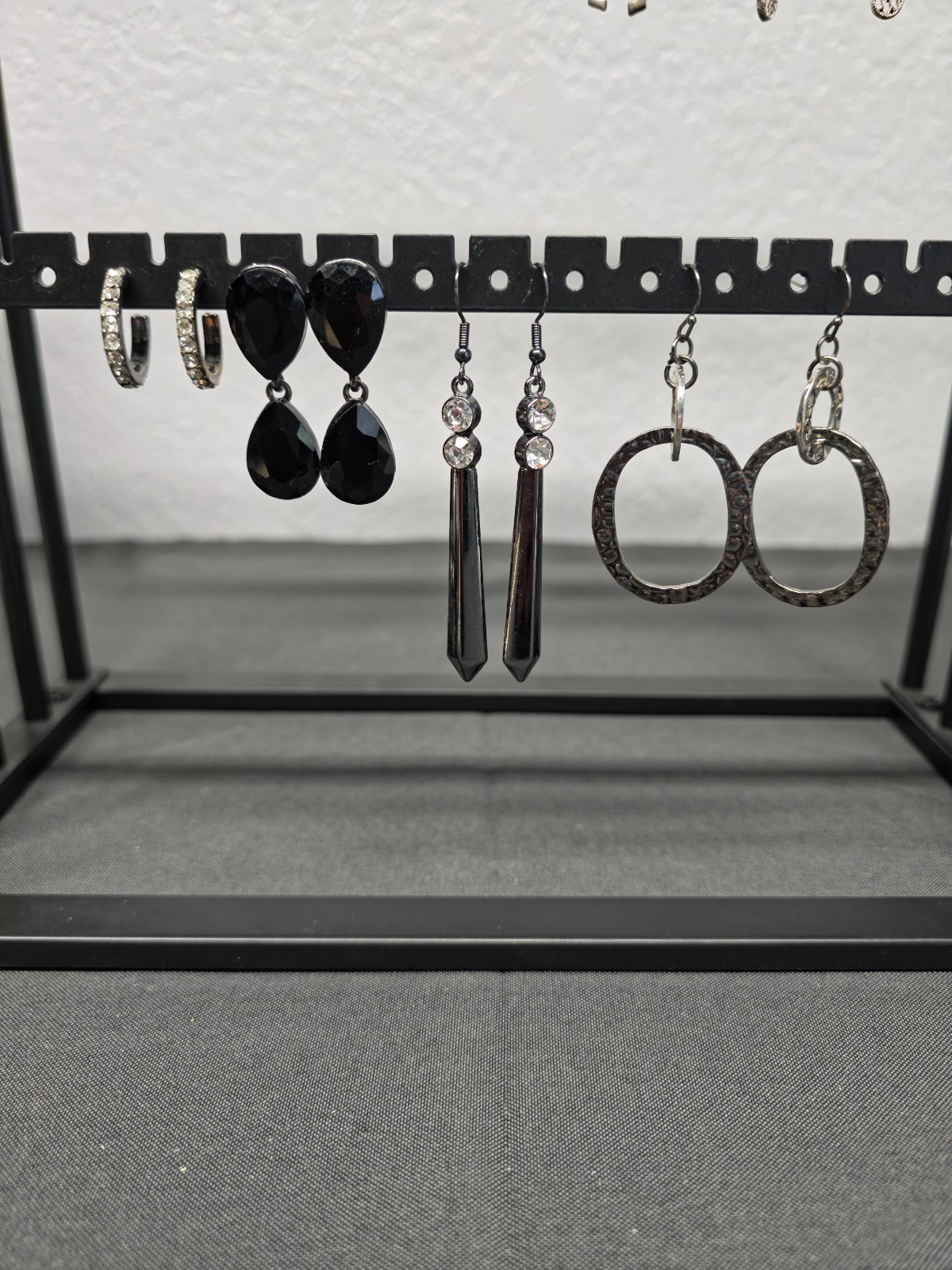 Lot of 4 Gunmetal Black Tone Hoop Dangle Earrings Rhinestone Goth Grunge Punk