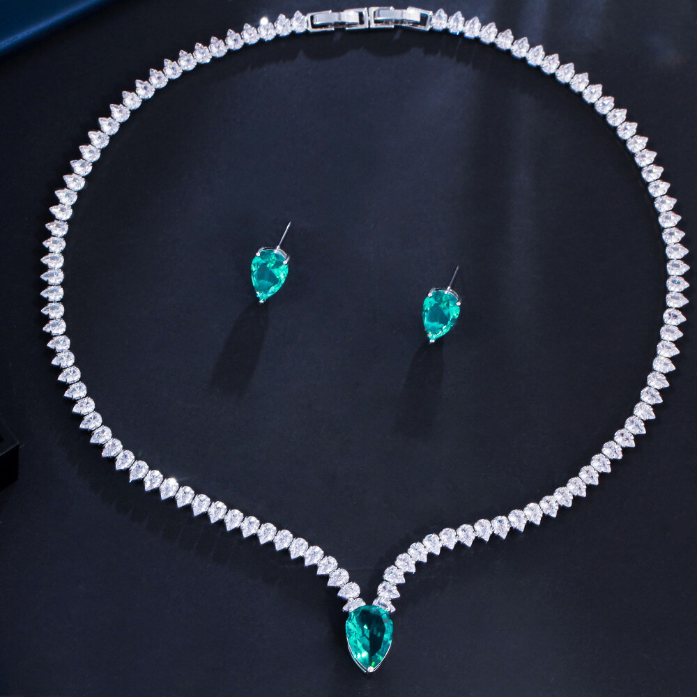Charming Silver Plated CZ Green Necklace Earrings Jewelry Set for Brides Wedding