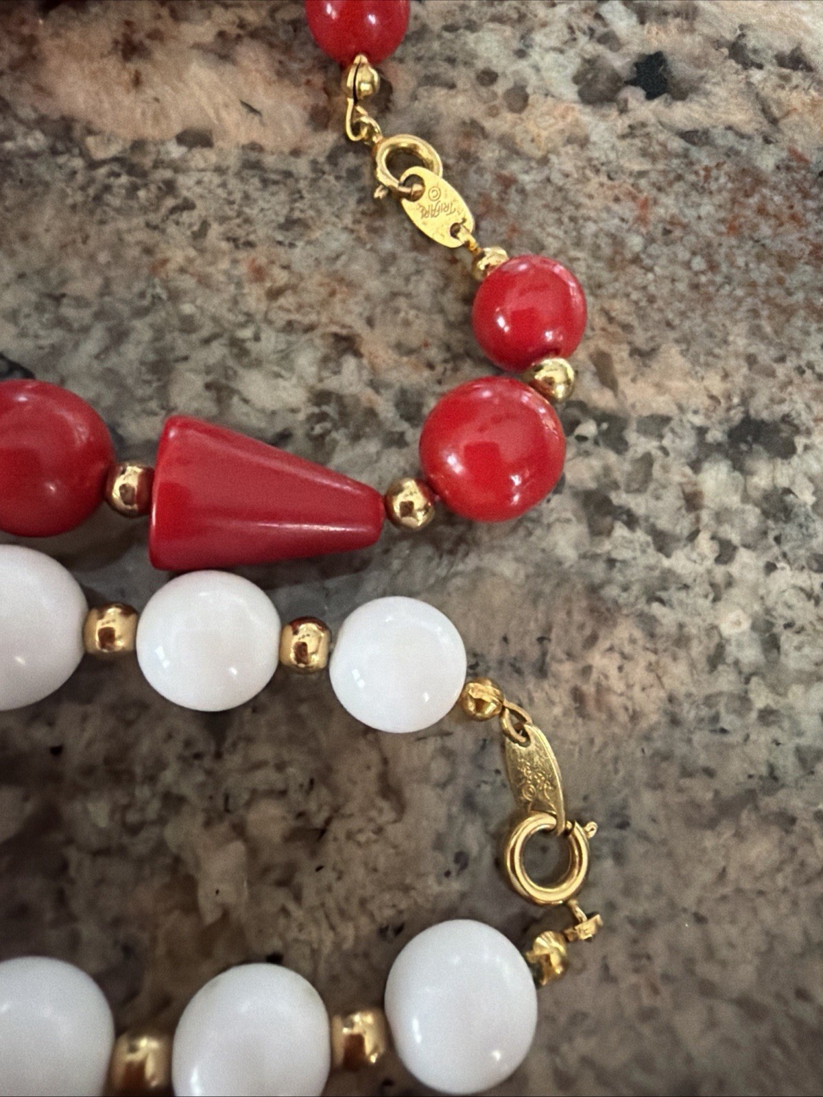 Trifari Opera Necklace Red White Blue Geometric Lucite Beads Gold Tone 3 Strand